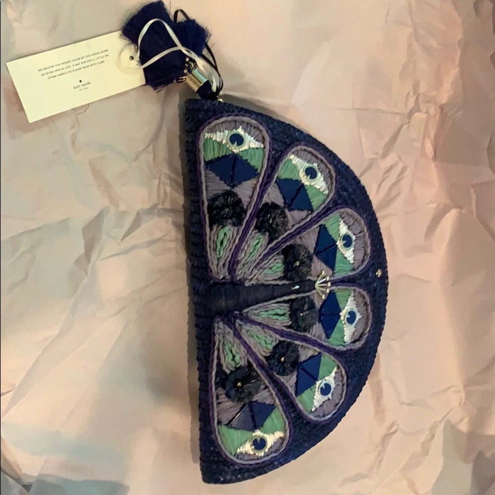 NWT kate spade full plume straw peacock clutch